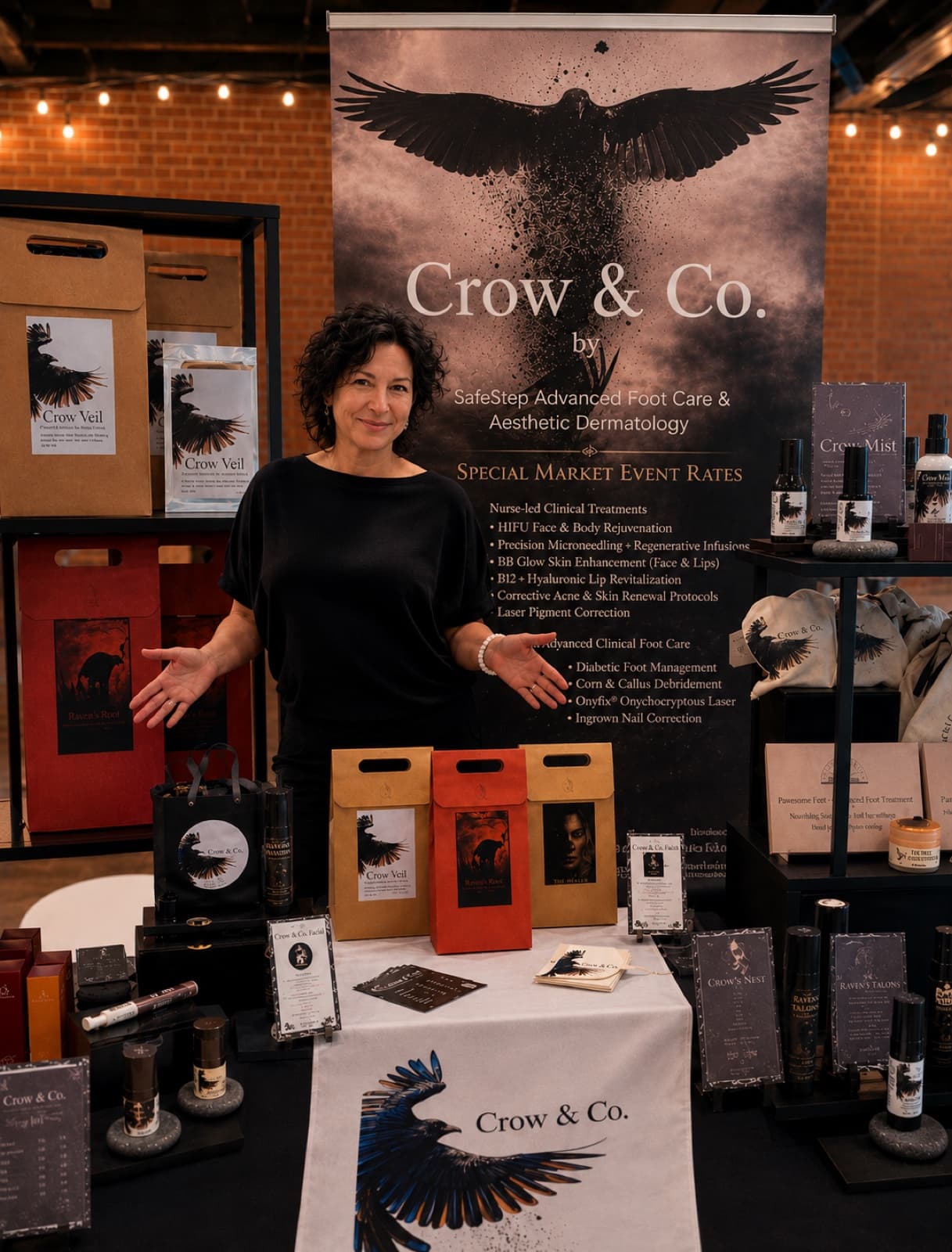 Karilee at a market event with the Crow & Co. skincare line