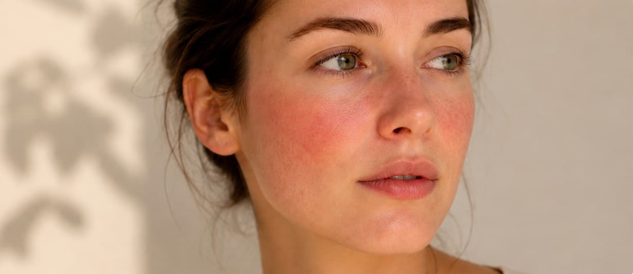 Close-up of a face showing the persistent cheek redness typical of rosacea