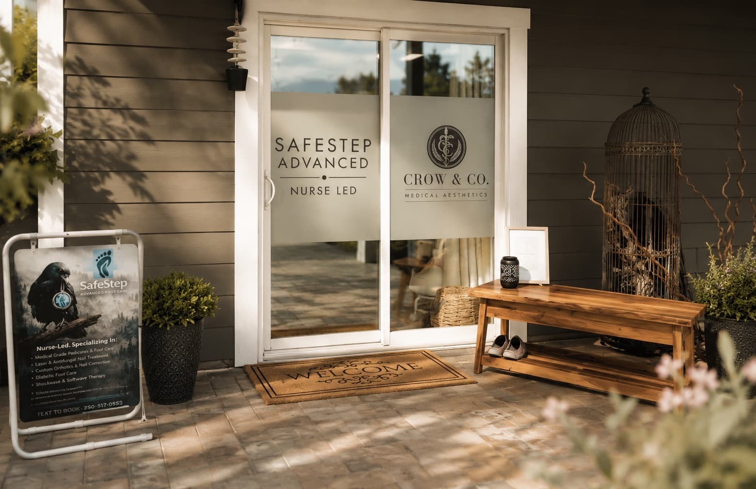 The Salmon Arm Aesthetics entrance, shared with SafeStep Advanced and Crow & Co.