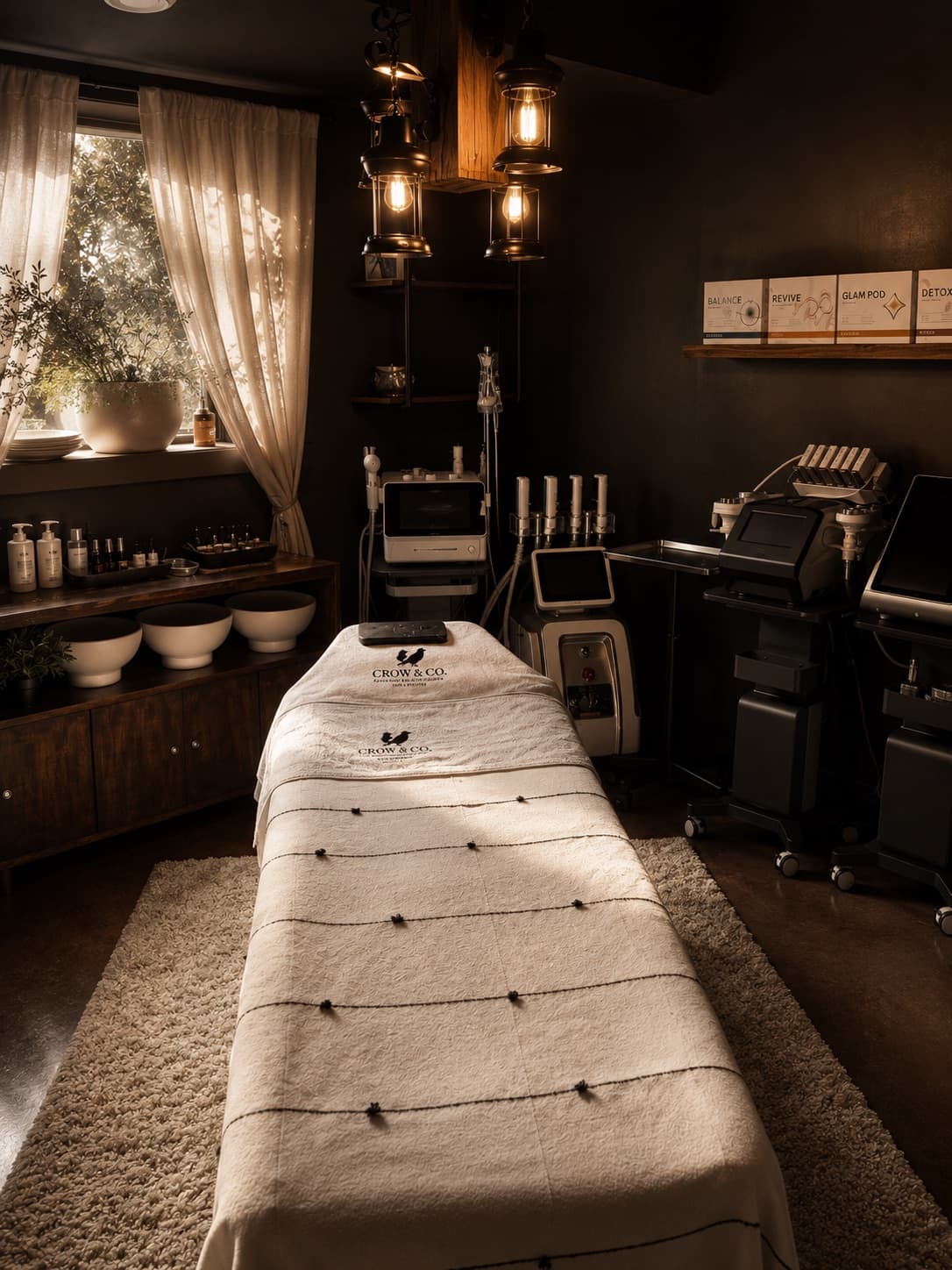 A Crow & Co. treatment room with skincare devices and warm lighting