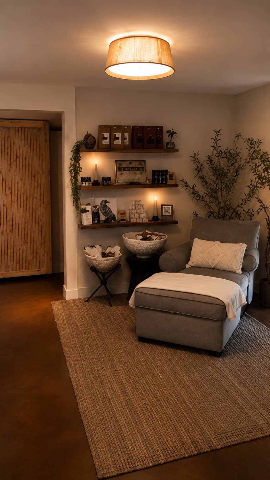 A cozy client lounge area with a chaise and shelves of products