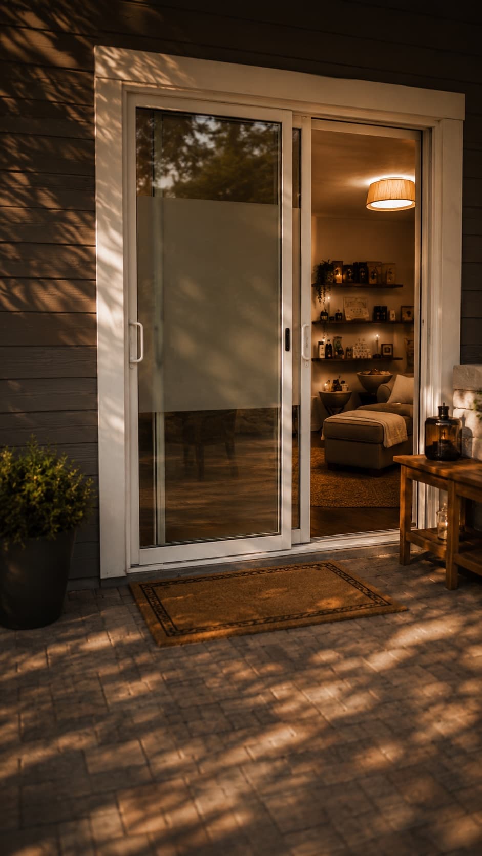 The clinic entrance at dusk, warmly lit from inside