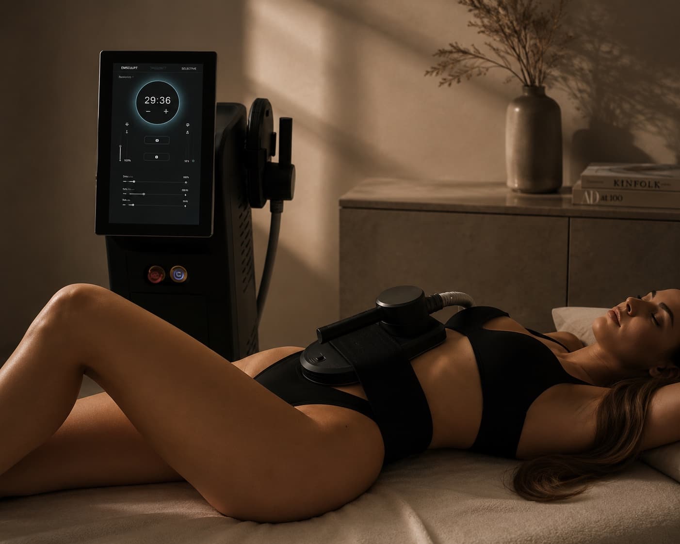 A client receiving an EM Sculpt® muscle activation treatment at Salmon Arm Aesthetics