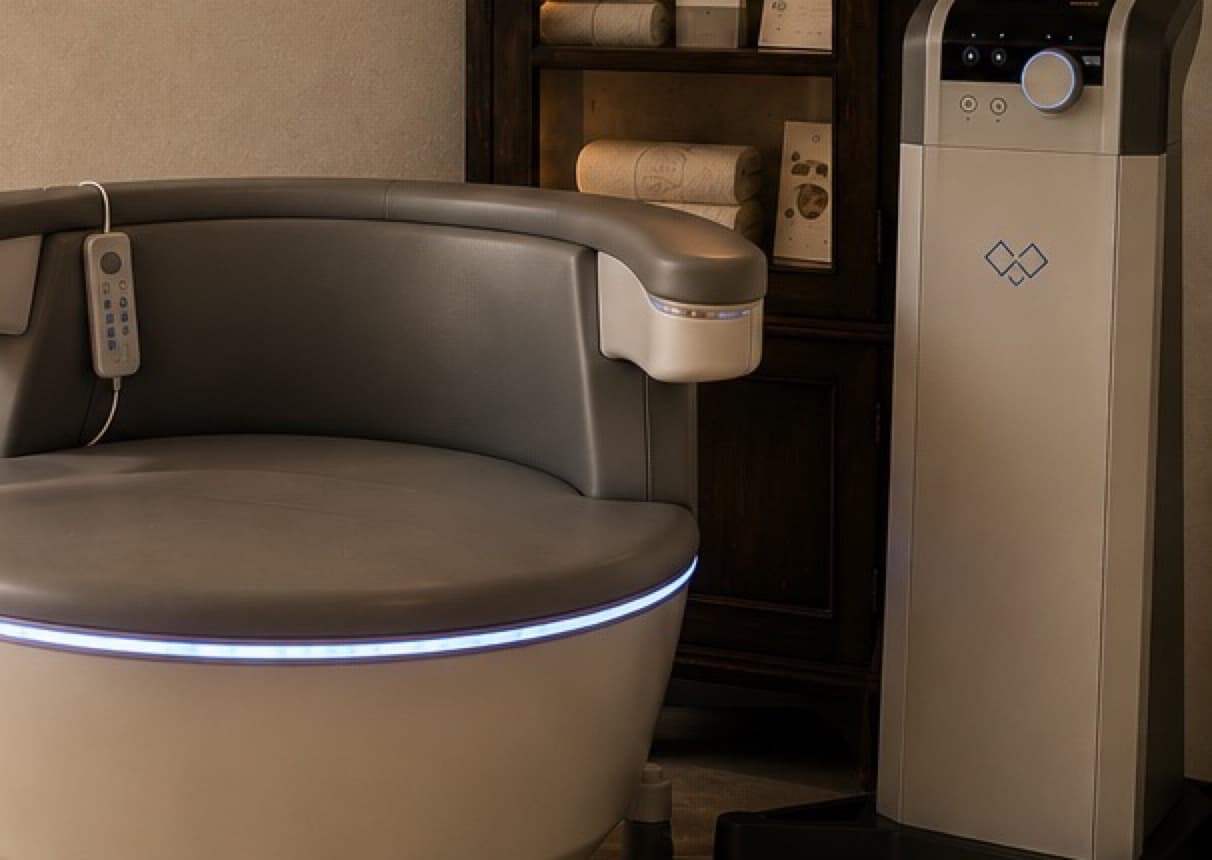 The BTL Emsella® pelvic health chair and console beside the apothecary cabinet at Salmon Arm Aesthetics